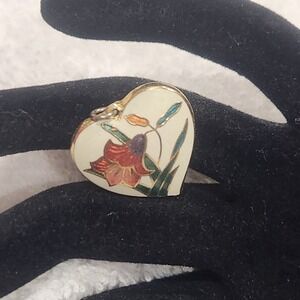 Vintage Cloisonne Heart Pendant Double Sided Floral Lily Gold Tone Charm